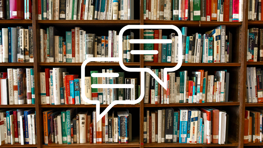 A photograph of a library shelf with diverse books and textbooks with a chat icon overlaid to represent AI Chatbots and Large Language Models (LLMs)